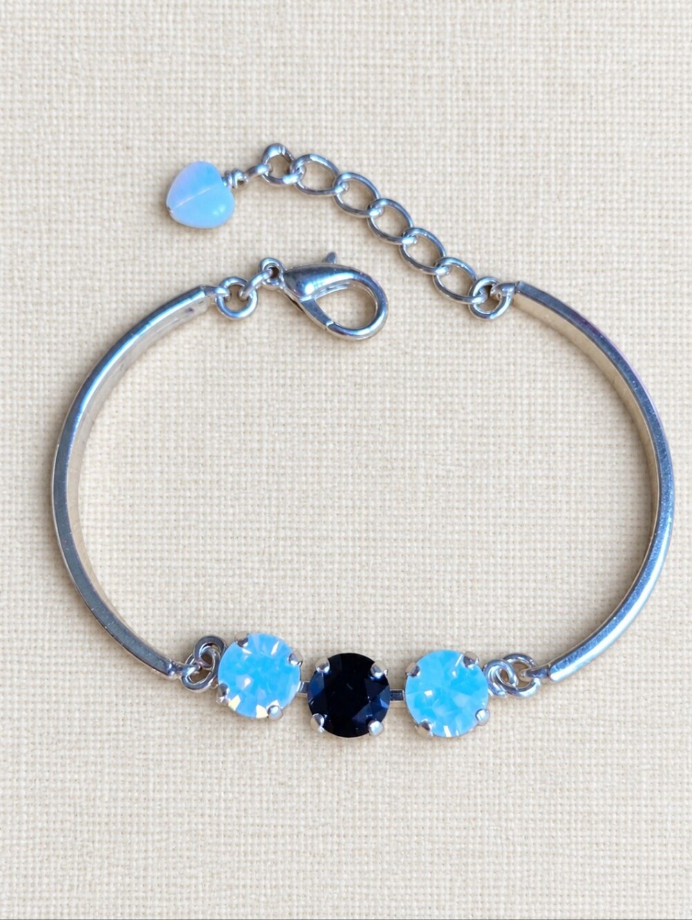 Silver Bar Bracelet with Two White Opal & One Black Crystals - Hand Crafted